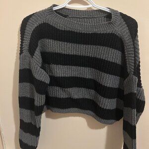 Black & Grey Striped Goth Knitted Cropped Sweater
